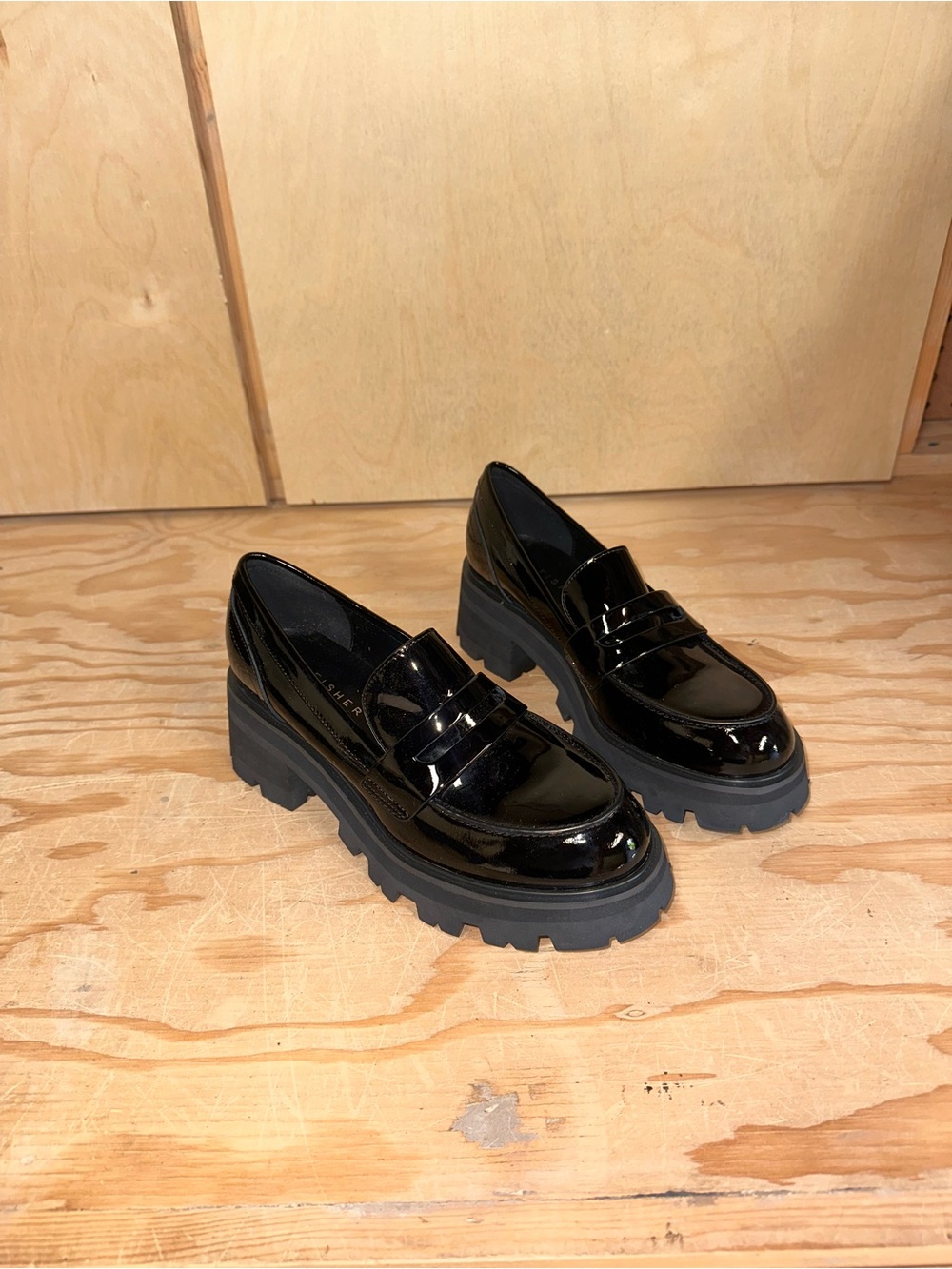 Marc Fisher Black Patent Lug Sole Penny Loafers